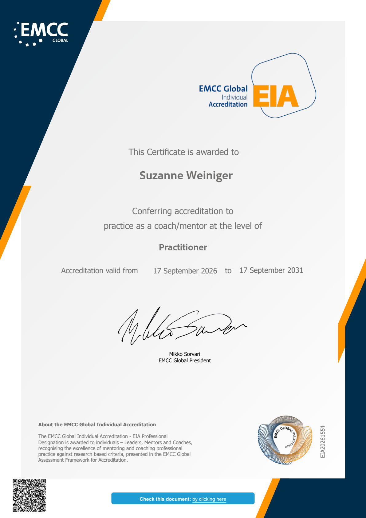 EMCC Global EIA certificate awarded to Suzanne Weiniger at Practitioner level, valid from 17 September 2026 to 17 September 2031