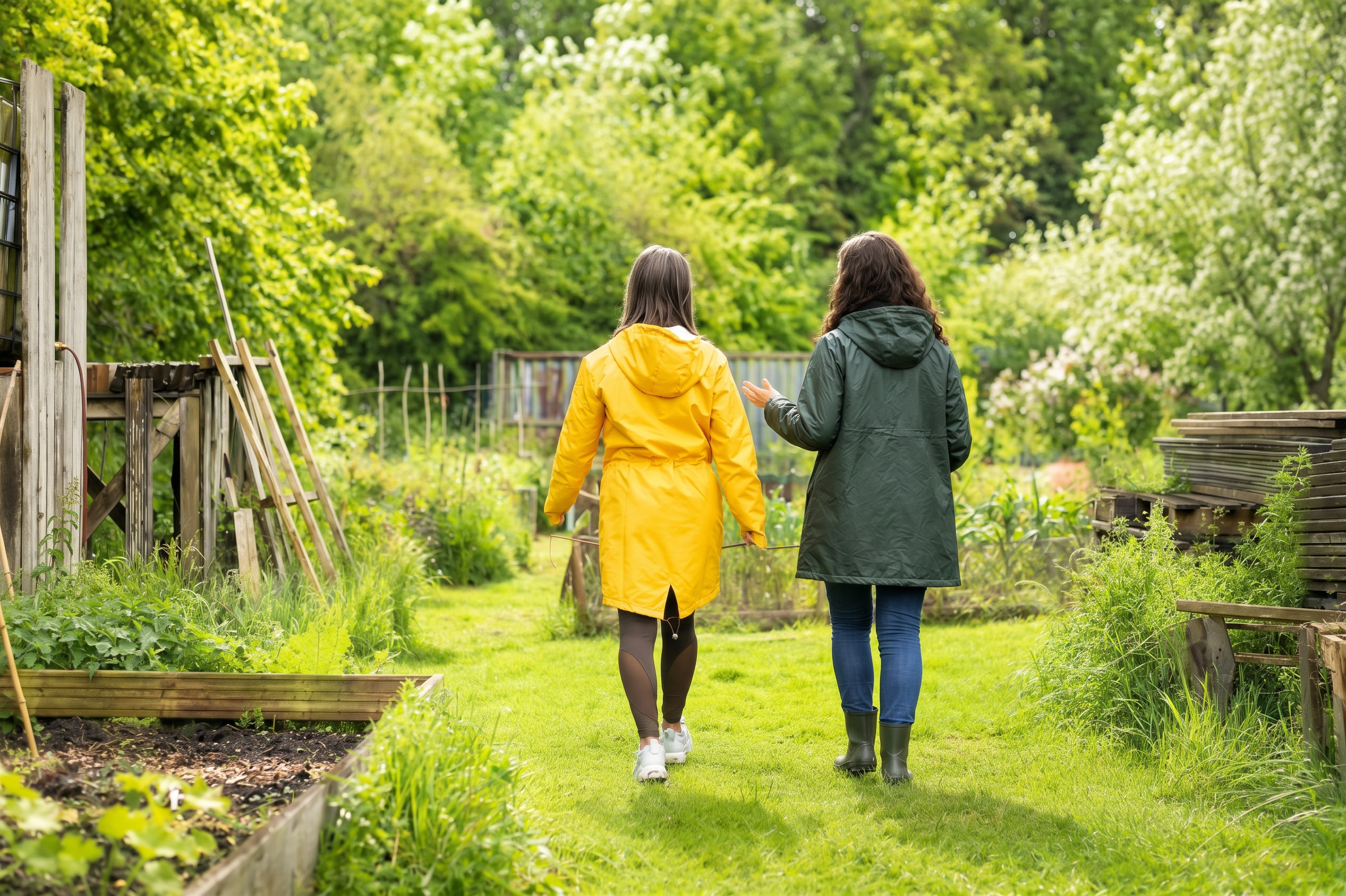 Two people walking and talking along a green garden path, one wearing a yellow raincoat